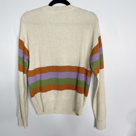 New Gilli Large Cream Orange Green Striped Ribbed Knit Sweater Crew Neck Purple - Picture 2 of 12
